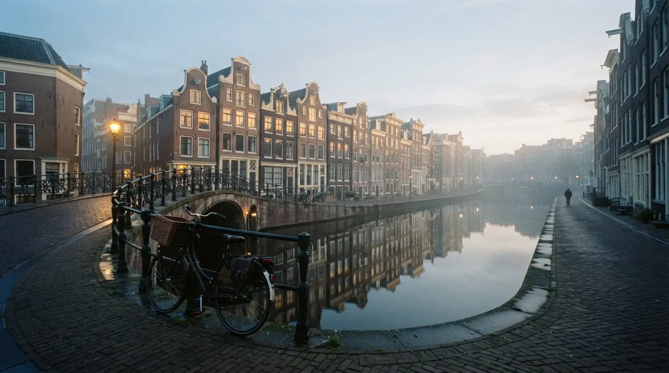 Canal d'Amsterdam au petit matin, maisons étroites à pignons reflétées dans l'eau lisse, vélo appuyé à un pont, brume légère