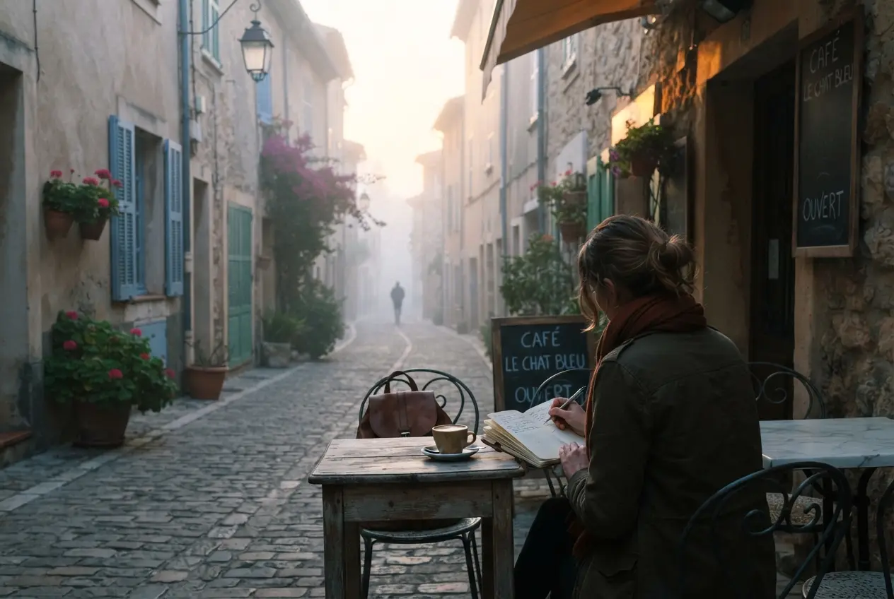 Voyageuse seule en terrasse d'un café au lever du jour dans une ruelle méditerranéenne déserte, carnet de voyage ouvert, tasse fumante, vue de dos