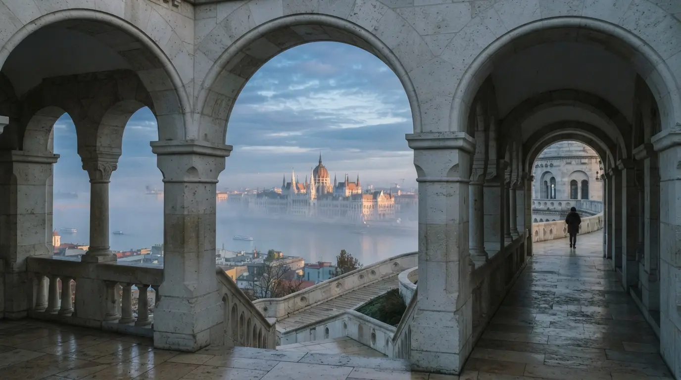 Bastion des pêcheurs à Budapest au lever du jour, arcades de pierre blanche désertes, Parlement dans la brume du Danube en contrebas