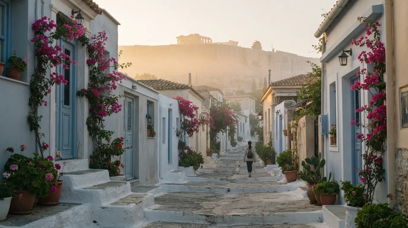 Ruelle blanche du quartier d'Anafiotika à Athènes à l'aube, bougainvilliers, Acropole en surplomb dans la brume dorée