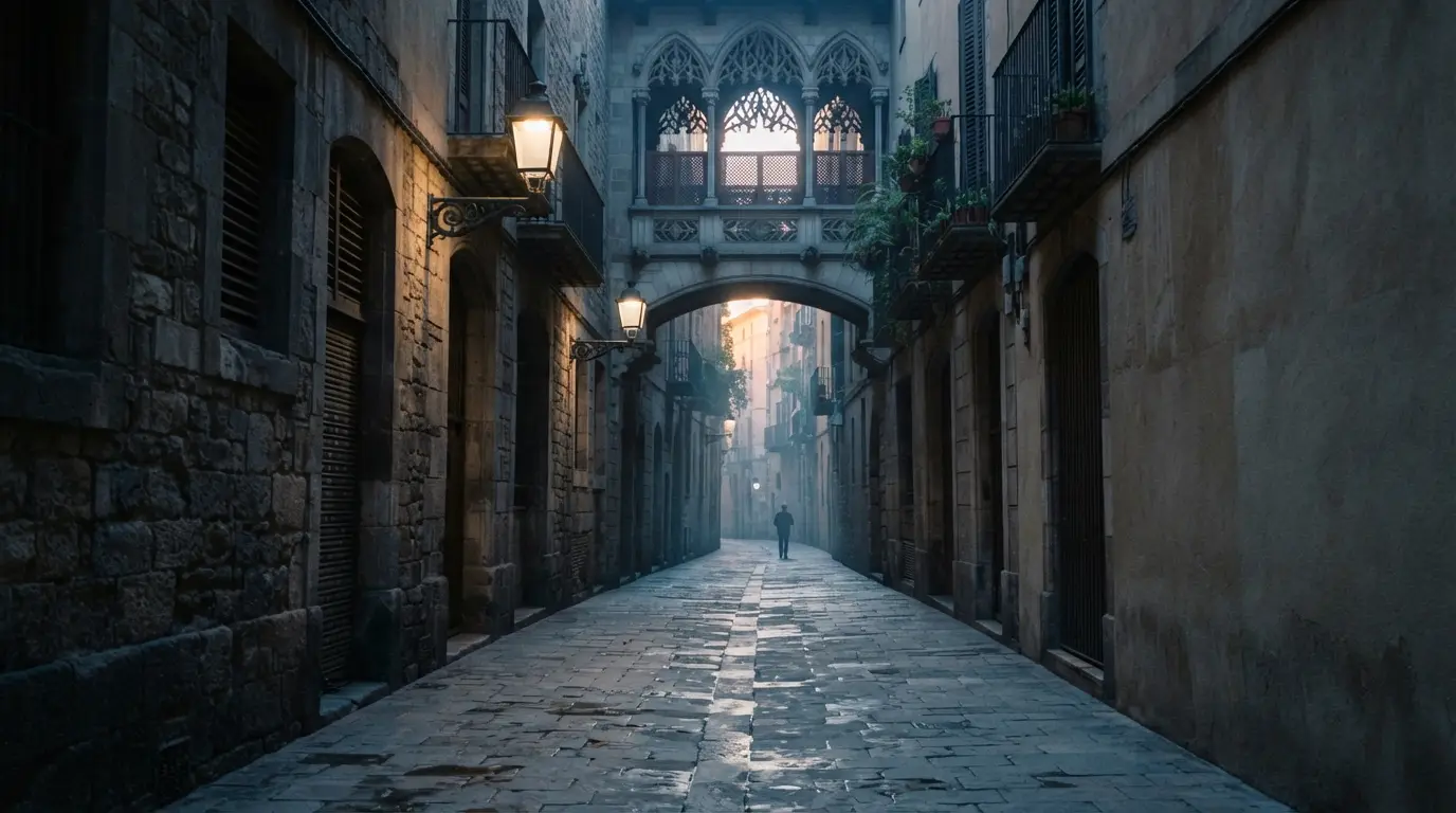 Ruelle gothique de Barcelone à l'aube, arc de pierre entre les façades, lanternes en fer forgé, pavés dans une lumière bleutée