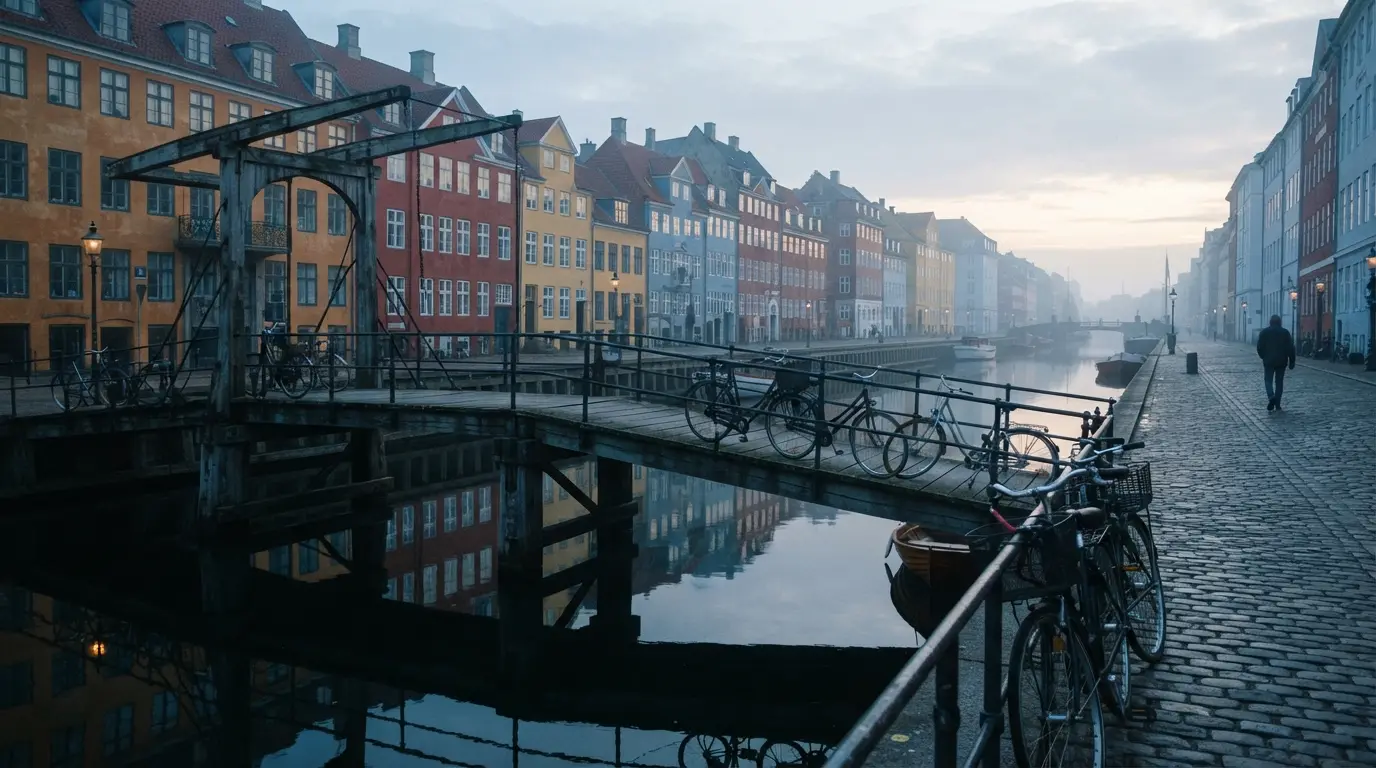 Canal secondaire de Copenhague à l'aube, maisons colorées de Christianshavn reflétées dans l'eau immobile, vélos appuyés au pont