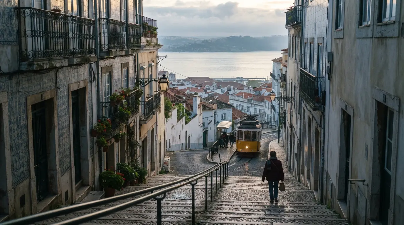 Ruelle en escalier de l'Alfama à Lisbonne au lever du jour, azulejos, tramway jaune à l'arrêt au loin, Tage argenté en contrebas