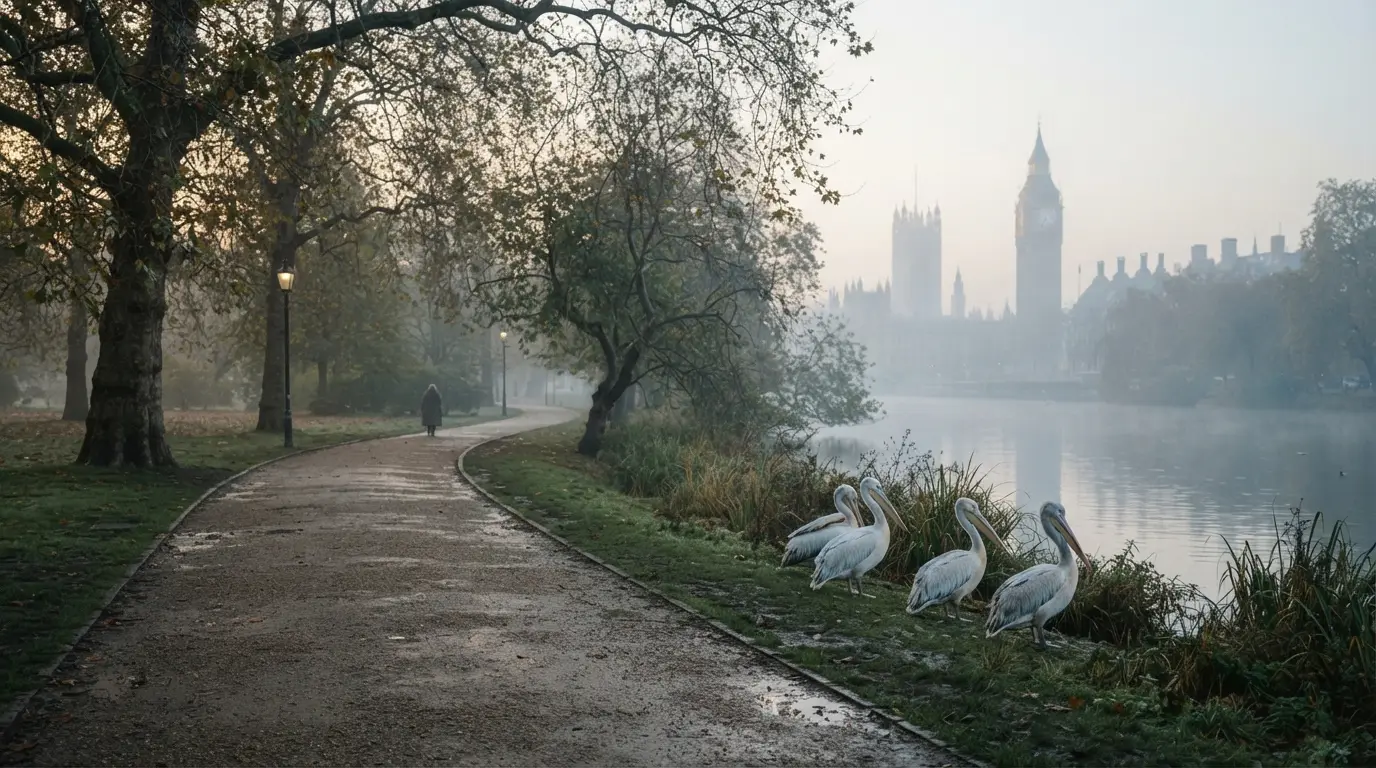 Allée de St James's Park à Londres sous une brume matinale, pélicans au bord du lac, Big Ben estompé au loin