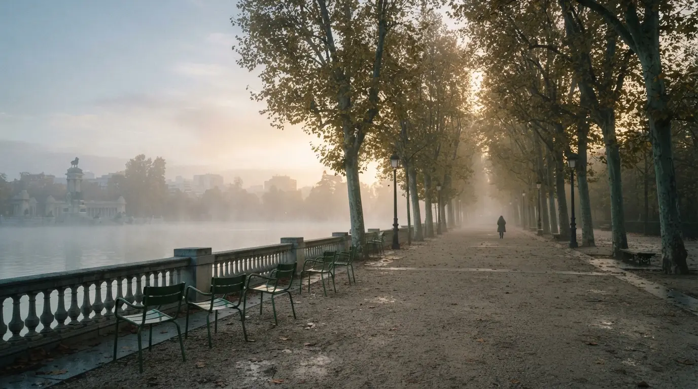 Allée du parc du Retiro à Madrid au lever du soleil, brume basse entre les platanes, chaises vertes vides au bord du bassin