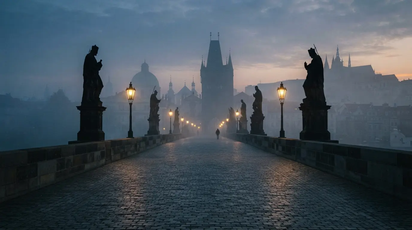 Pont Charles à Prague à l'aube sous une brume épaisse, statues en silhouette, lampadaires allumés, une seule silhouette au loin