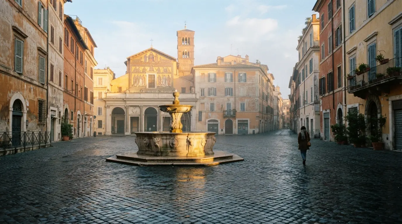 Place déserte du Trastevere à Rome au petit matin, fontaine ancienne, façades ocre, pavés luisants, lumière rasante dorée