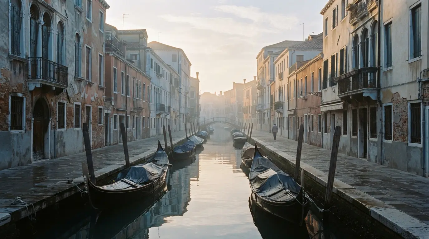 Petit canal de Venise au lever du jour, gondoles bâchées immobiles, façades patinées, brume dorée, aucun touriste
