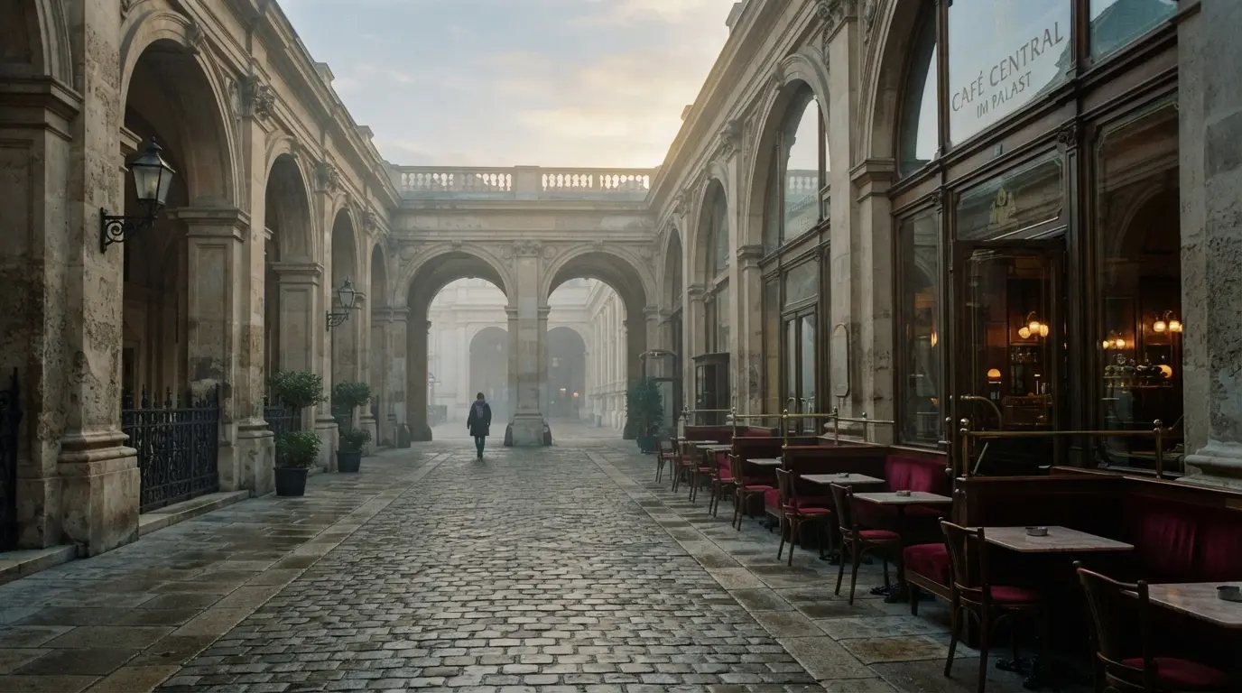 Cour intérieure paisible d'un palais viennois au matin, arcades, café aux banquettes de velours vu à travers une porte vitrée