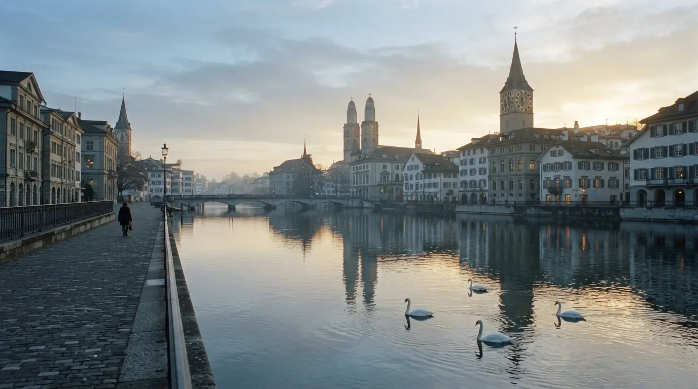 Quai de la Limmat à Zurich au lever du jour, eau lisse reflétant les clochers, cygnes, vieille ville silencieuse