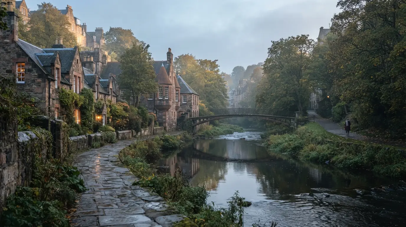 Village de Dean à Édimbourg au petit matin, rivière Water of Leith, maisons de pierre, passerelle déserte sous les arbres