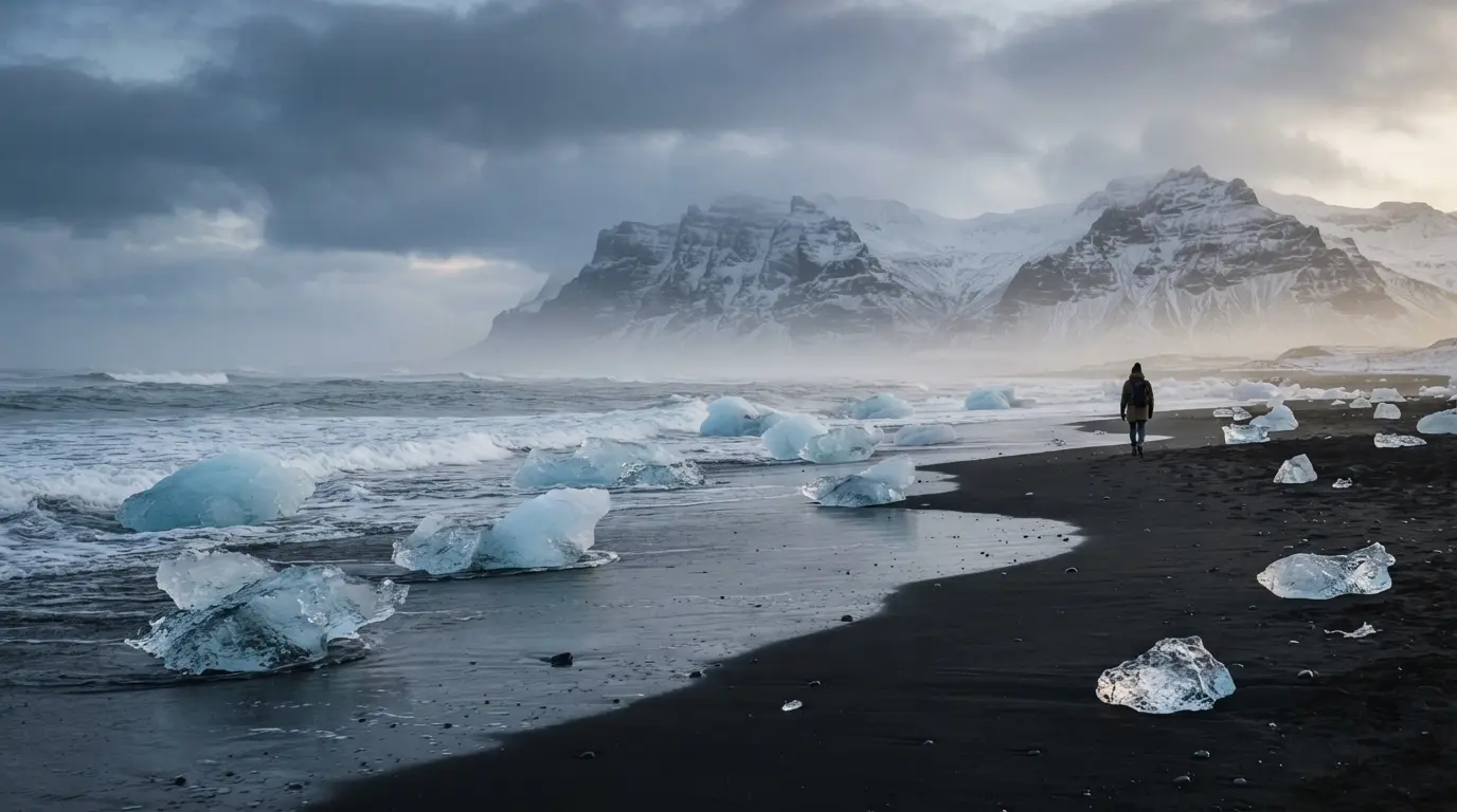 Plage de sable noir en Islande en hiver, blocs de glace échoués, montagnes enneigées, ciel bas, silhouette solitaire au loin