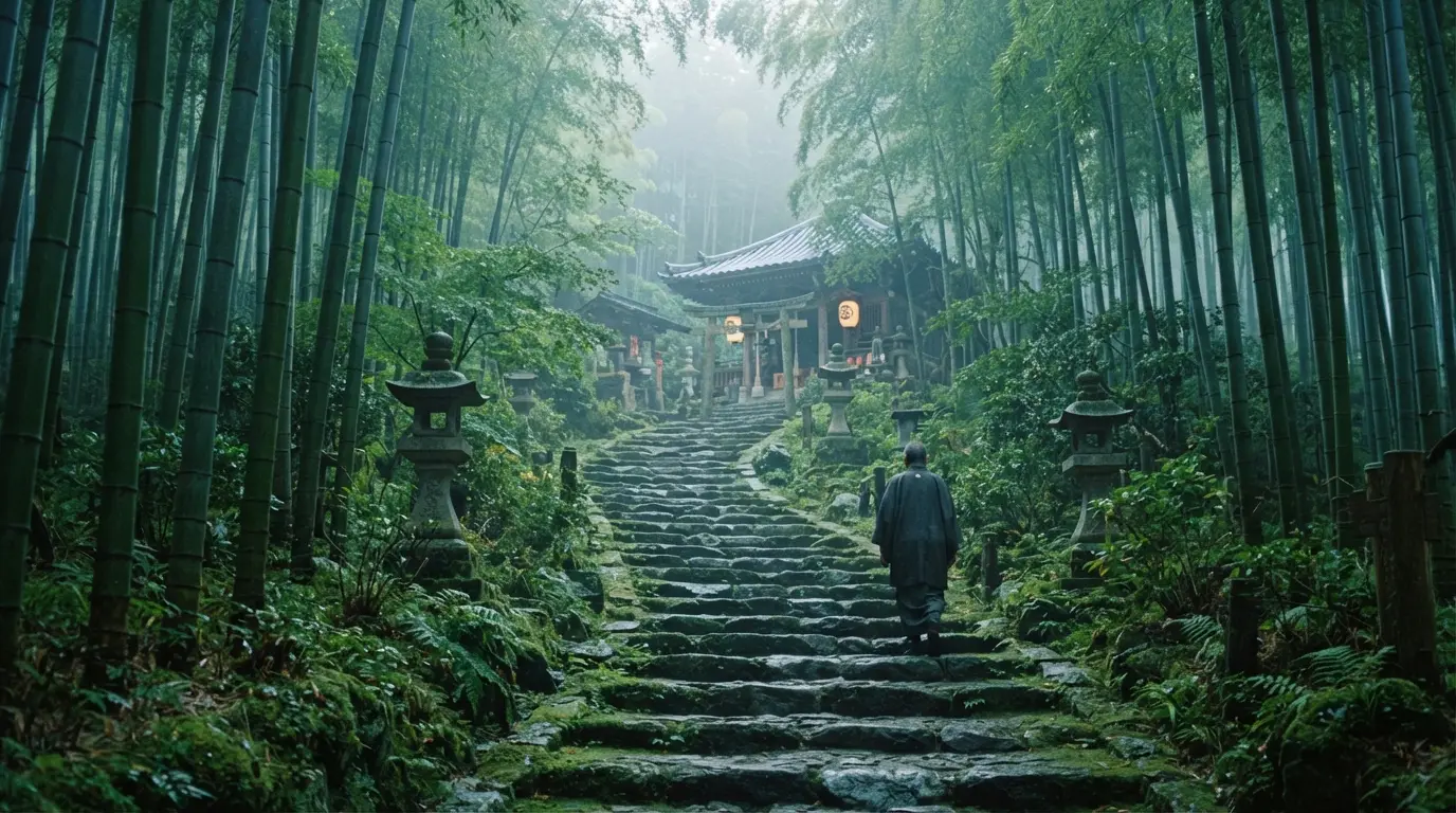 Escalier de pierre moussu montant vers un petit temple de Kyoto dans une forêt de bambous, lanternes de pierre, brume verte