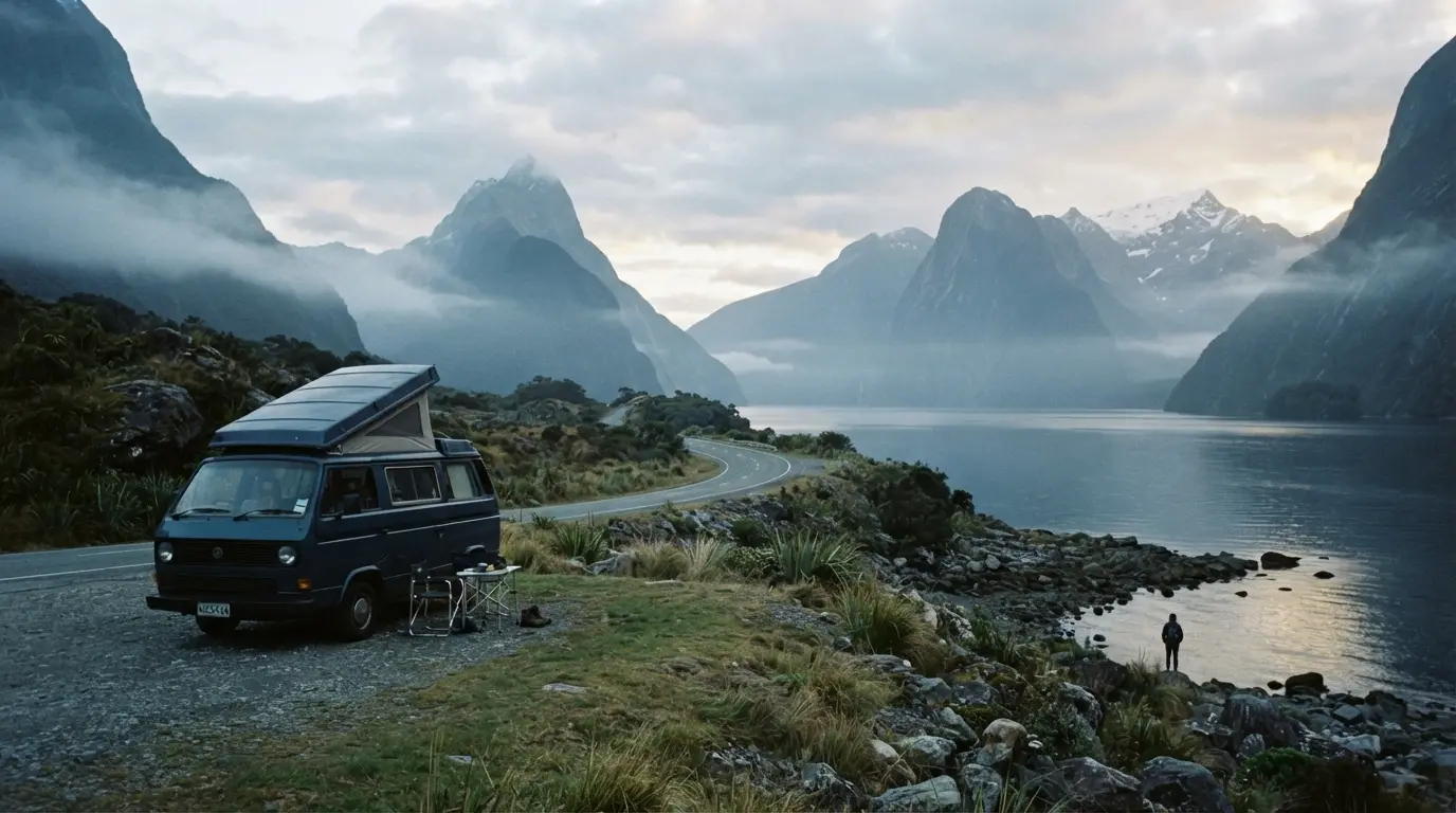 Route déserte de Nouvelle-Zélande au petit matin, van garé sur un promontoire face à un fjord, montagnes dans la brume
