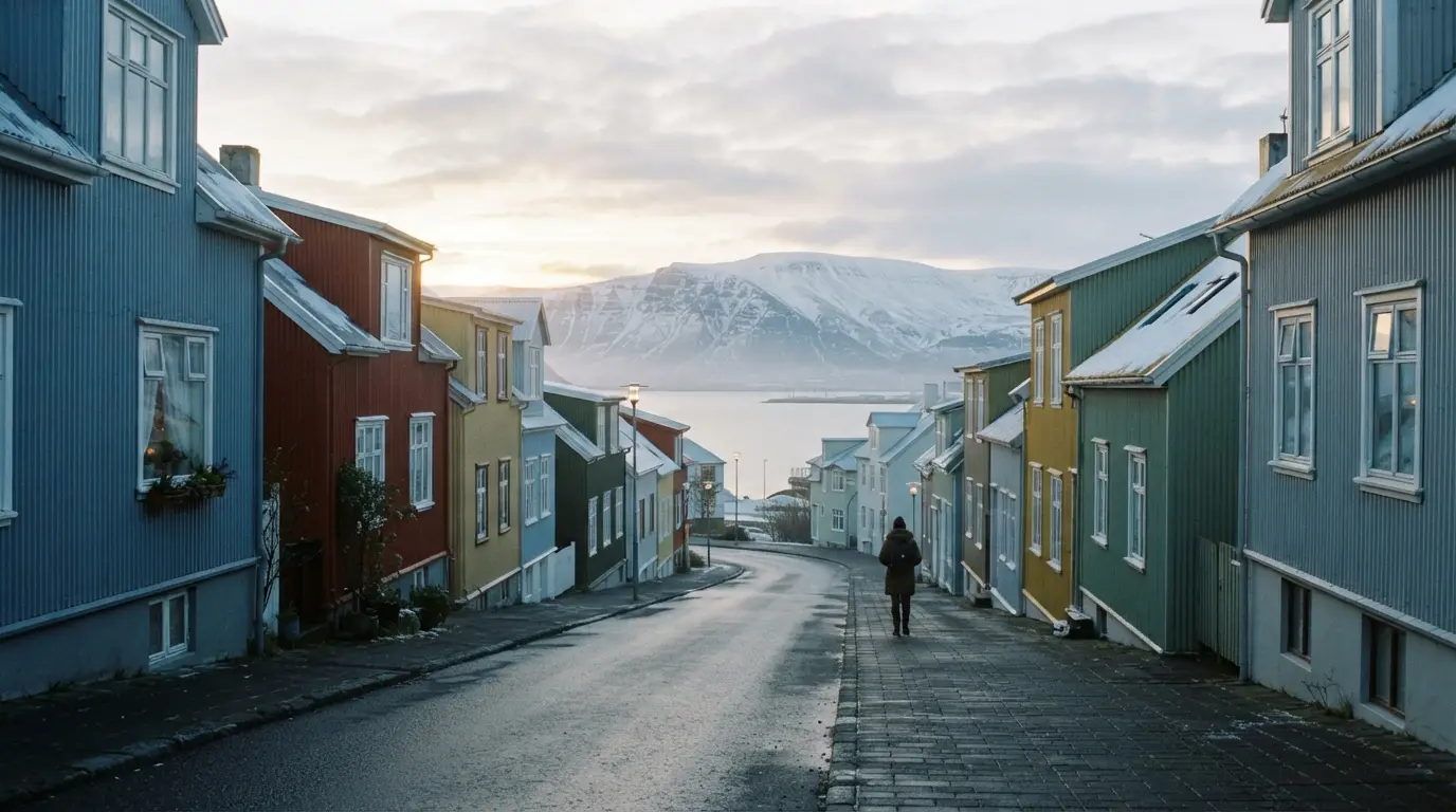 Rue paisible de Reykjavik aux maisons de tôle colorée sous une lumière nordique rasante, montagne Esja enneigée au fond