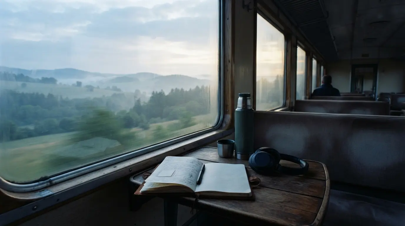 Table de bois près d'une fenêtre de train, carnet ouvert, casque audio posé, thermos, paysage de collines qui défile dans la brume