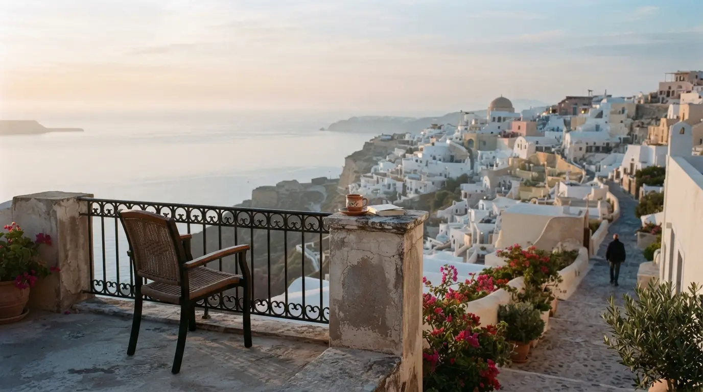 Terrasse d'un petit hôtel face à la mer au lever du jour, une seule chaise, tasse posée sur la balustrade, village blanc silencieux en contrebas