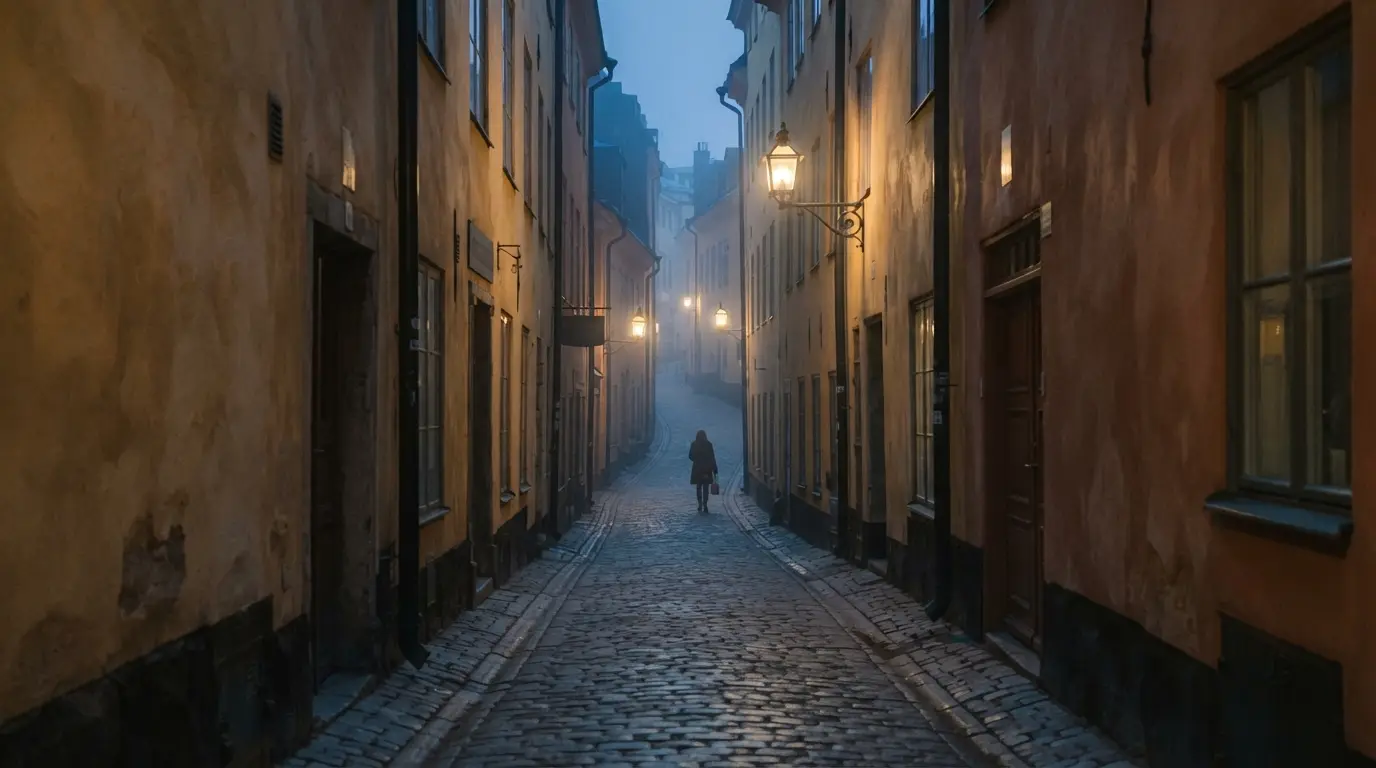 Ruelle pavée de Gamla Stan à Stockholm au petit matin, façades jaunes et ocre, lanternes allumées, personne en vue