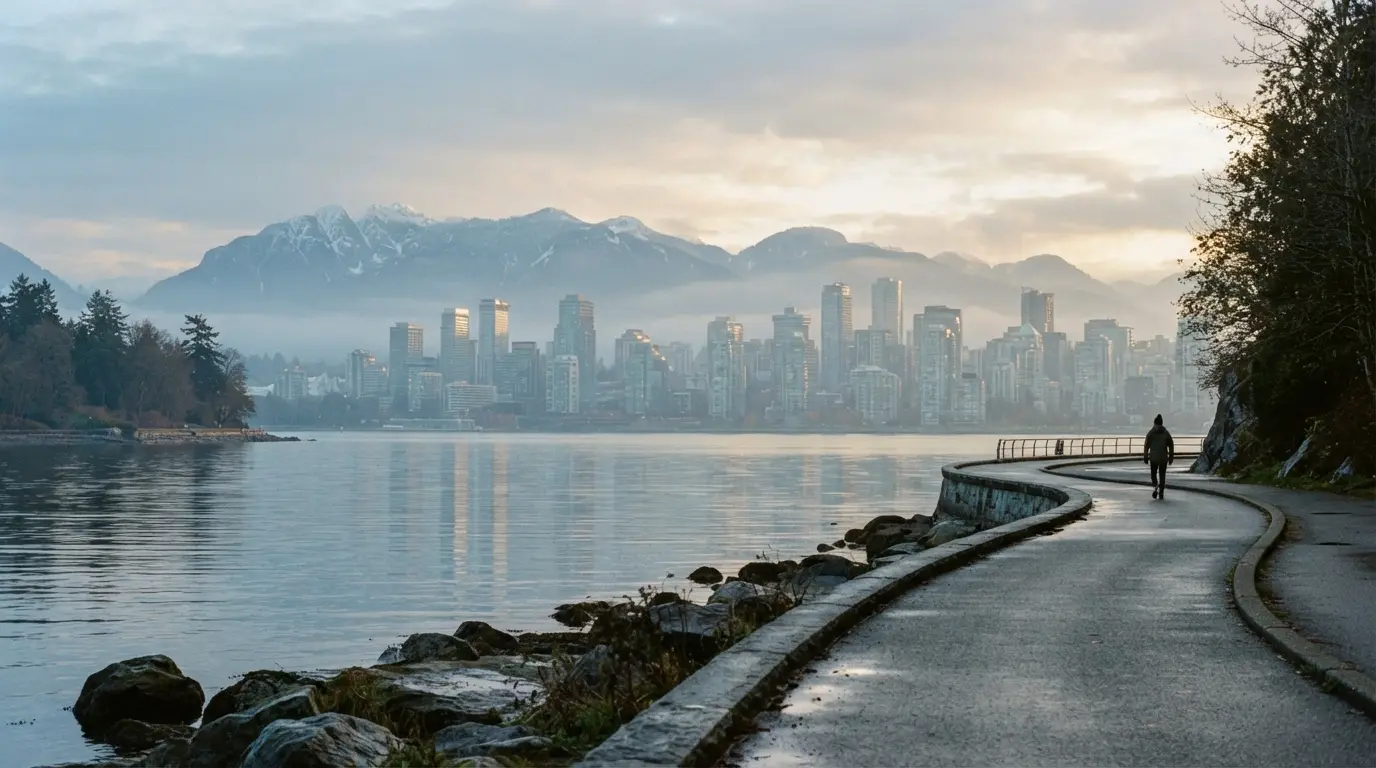 Digue de Stanley Park à Vancouver au petit matin, montagnes enneigées et tours de verre dans la brume de l'autre côté de la baie