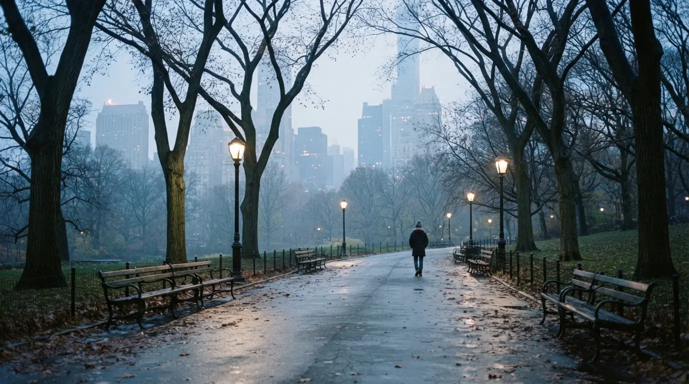 Allée du Central Park à New York très tôt le matin, bancs vides, lampadaires encore allumés, gratte-ciel adoucis par la brume