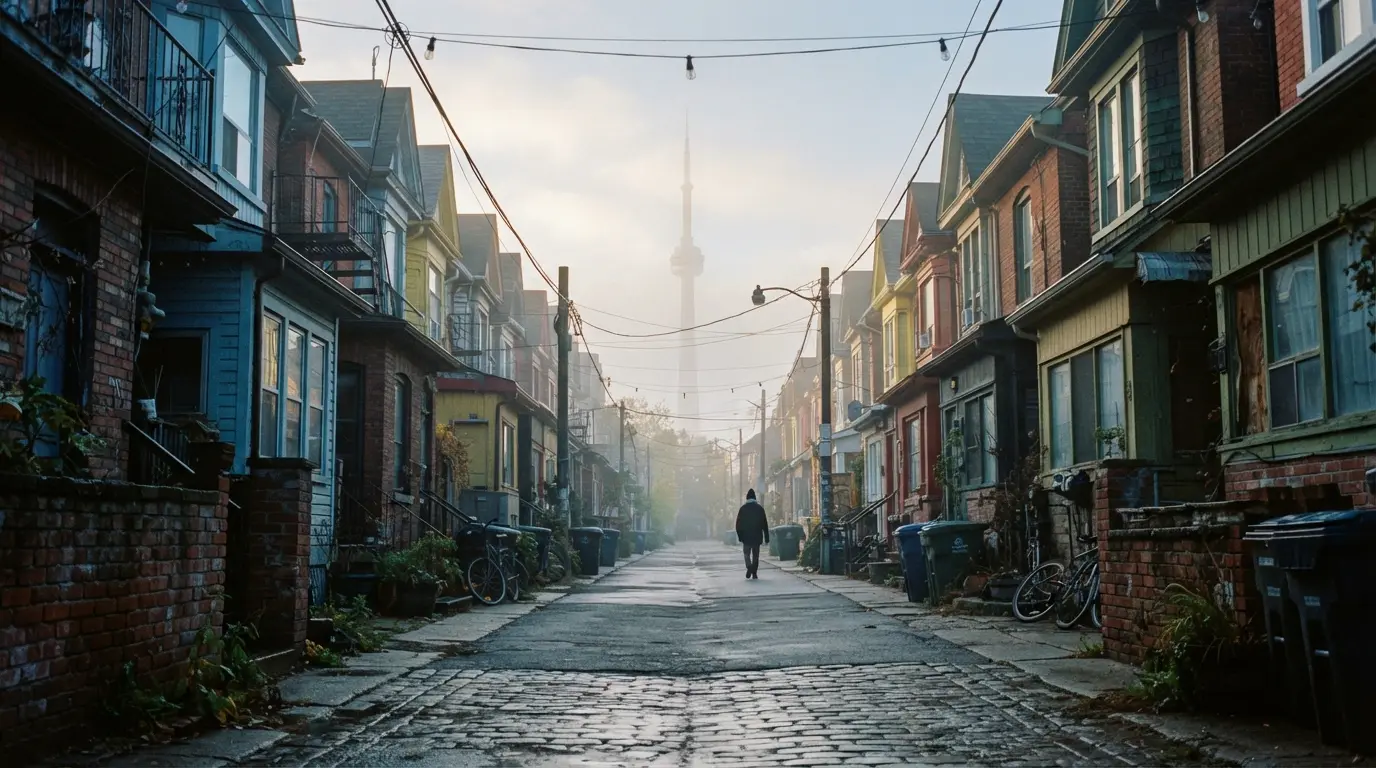 Ruelle calme de Kensington Market à Toronto à l'aube, maisons victoriennes colorées, tour CN estompée dans la brume au fond
