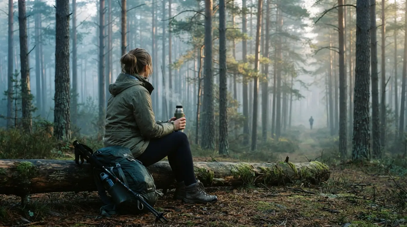 Randonneuse seule assise sur un tronc dans une forêt de pins au matin, thermos fumant, sac à dos posé, lumière entre les troncs
