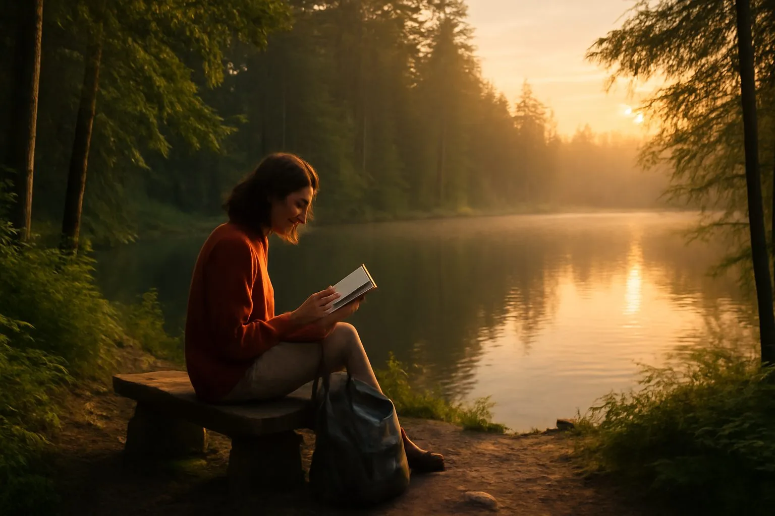Femme lisant un livre sur un banc face à un lac au coucher du soleil