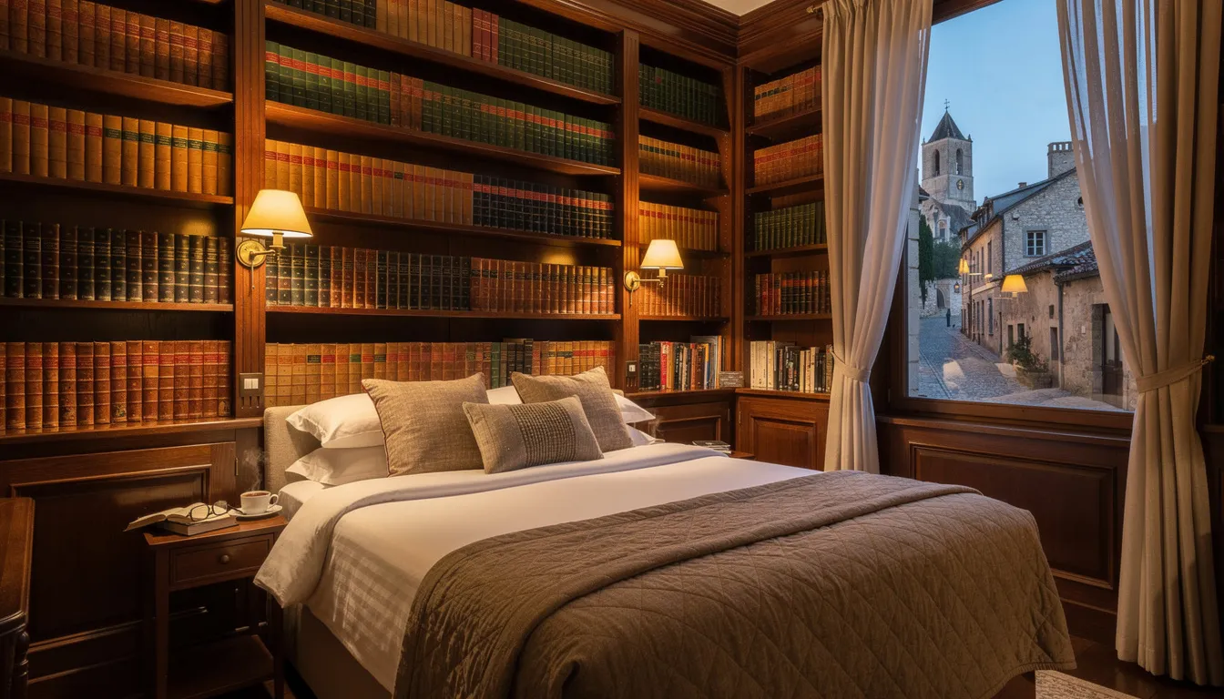 Chambre d'hôtel tapissée de rayonnages de livres anciens, fenêtre ouverte sur un village de pierre
