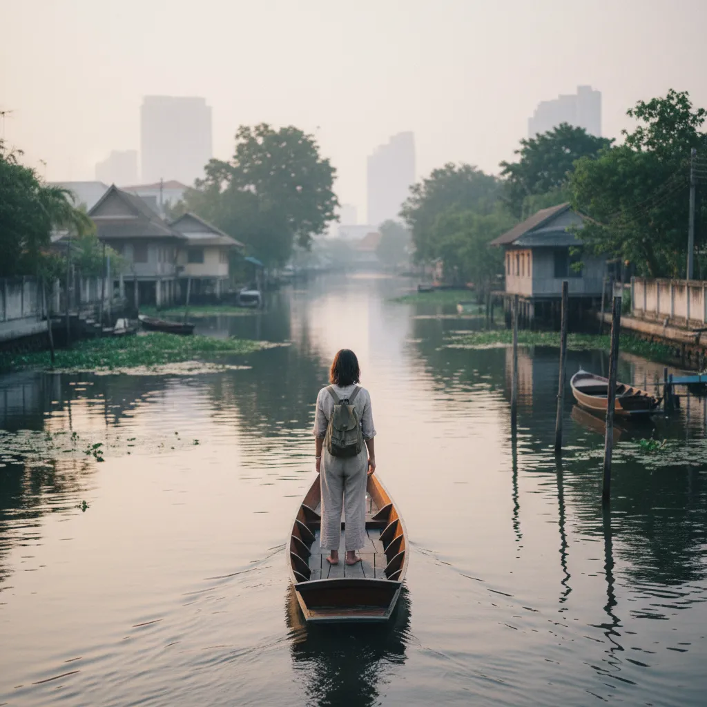 Voyageuse debout sur une barque en bois glissant sur un canal brumeux de Bangkok