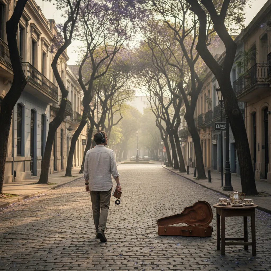 Homme au casque audio marchant sous les jacarandas d'une rue pavée de Buenos Aires
