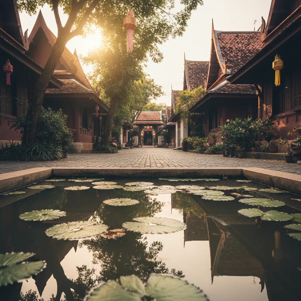 Cour d'un temple de Chiang Mai au soleil couchant, bassin aux nénuphars au premier plan