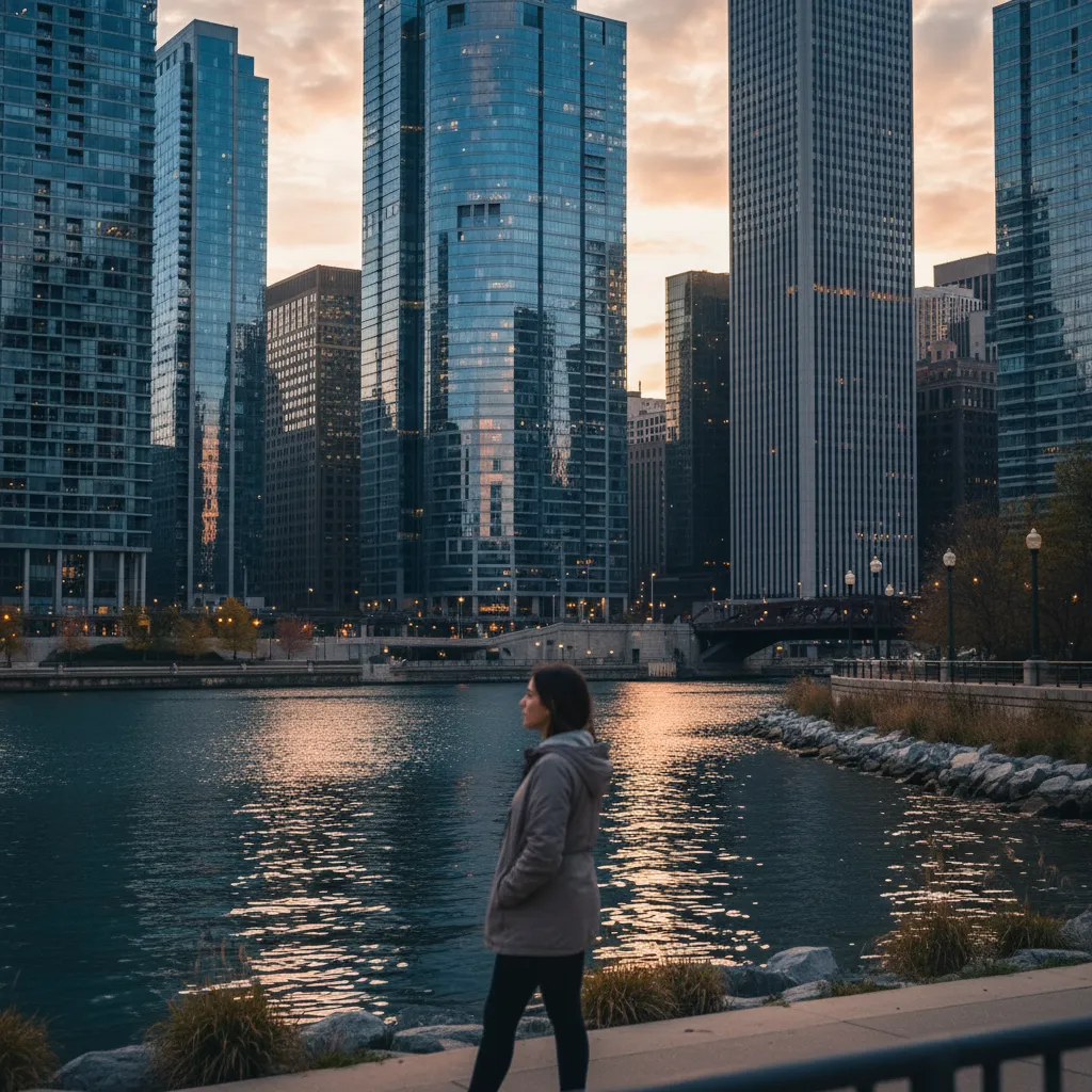 Promeneuse le long de la rivière de Chicago au crépuscule, gratte-ciel vitrés en arrière-plan