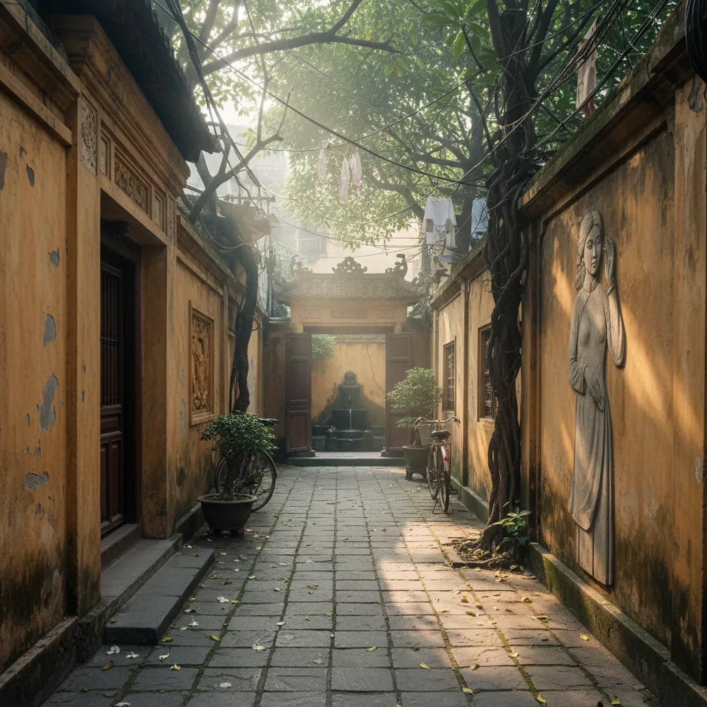 Ruelle ancienne de Hanoï aux murs ocre, bicyclette et bonsaïs dans la lumière du matin