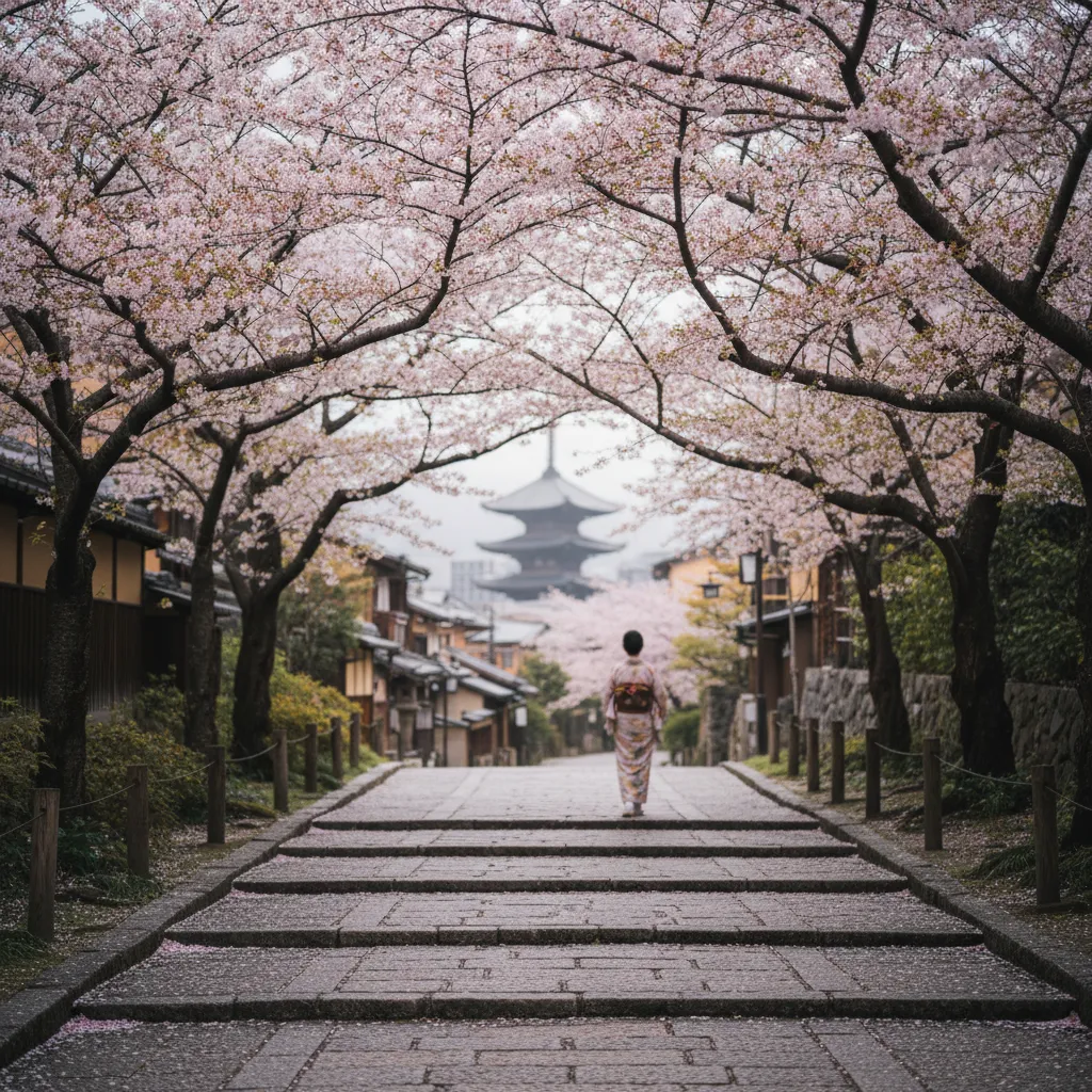 Femme en kimono sous les cerisiers en fleurs, pagode de Kyoto en arrière-plan
