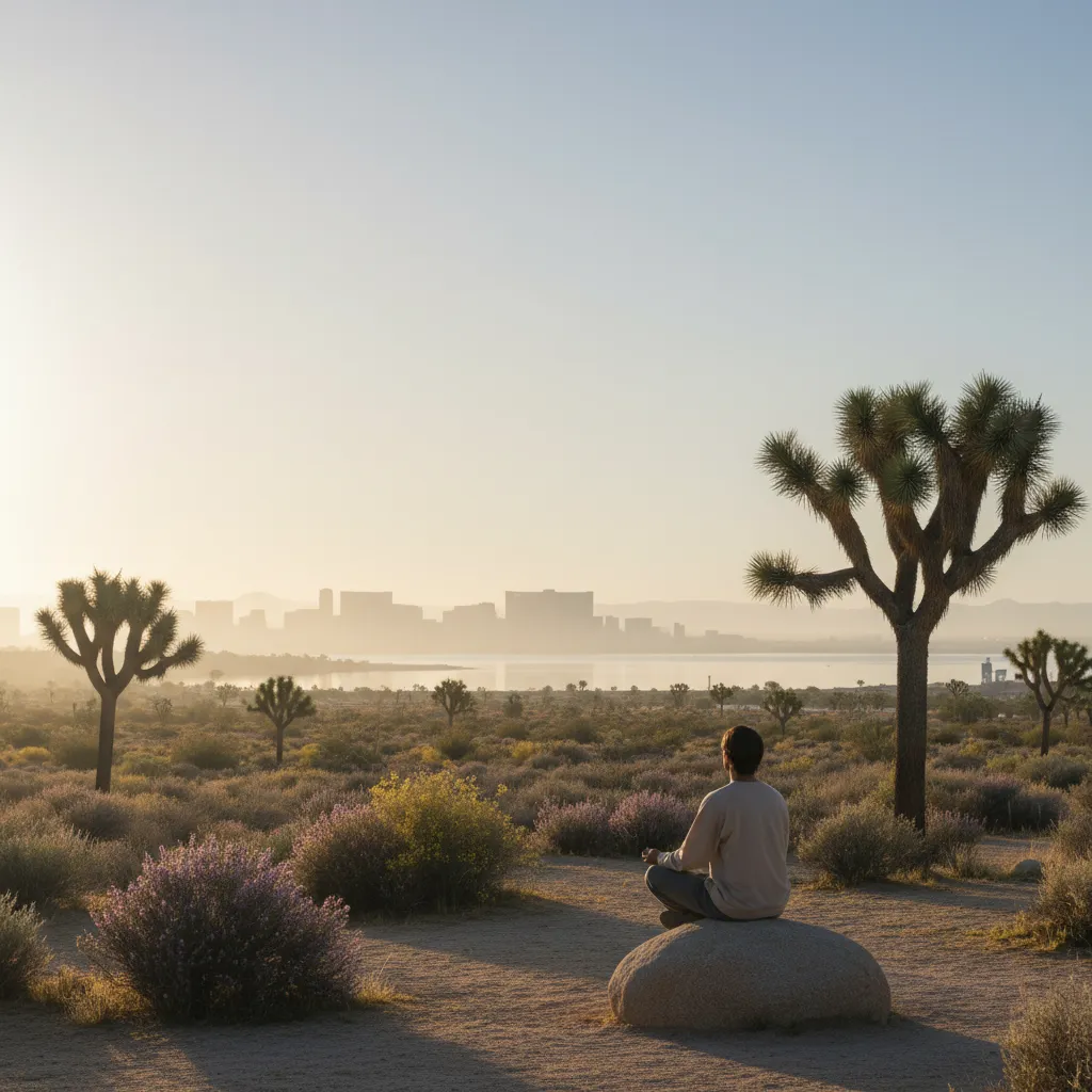 Homme méditant sur un rocher dans le désert du Nevada, silhouette de Las Vegas au loin
