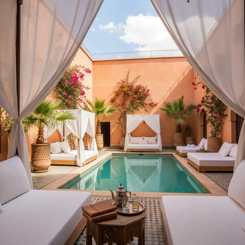 Patio d'un riad de Marrakech, bassin turquoise, lits à baldaquin blancs et bougainvilliers