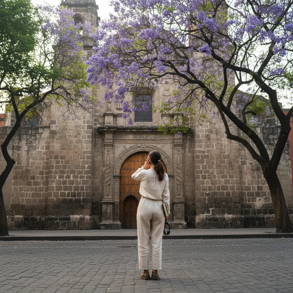 Femme contemplant la façade d'une église baroque de Mexico sous les jacarandas en fleurs