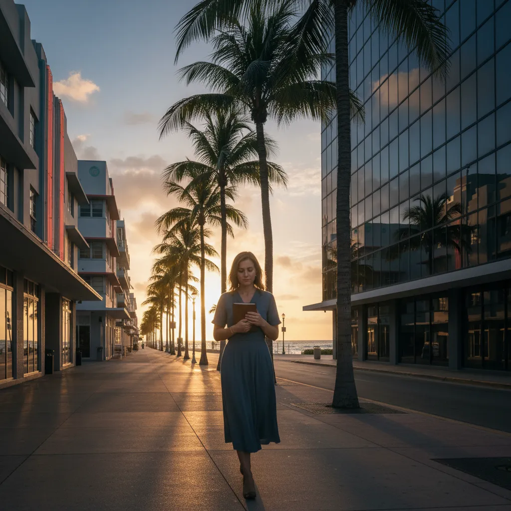 Femme marchant à l'aube le long des façades Art déco de Miami Beach, palmiers à contre-jour