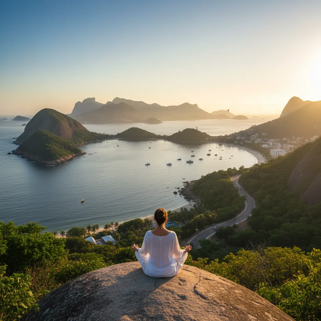 Personne méditant en tailleur sur un rocher au-dessus d'une baie de Rio au lever du soleil