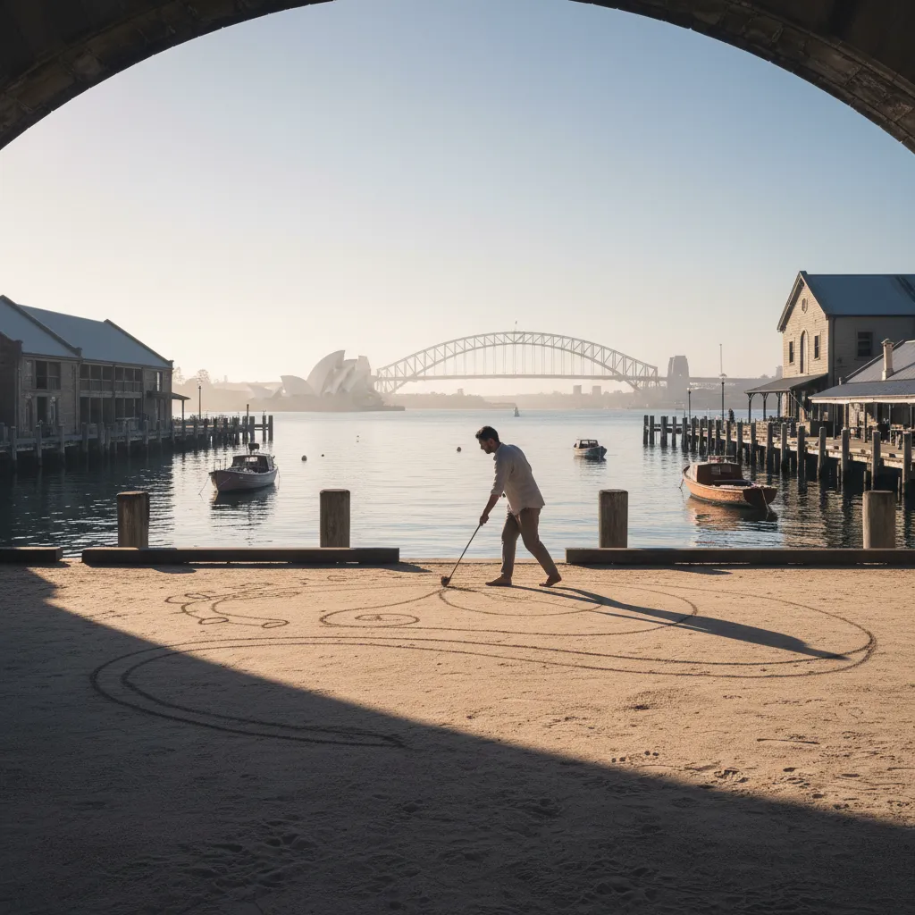 Homme seul traçant des lignes dans le sable face au port de Sydney, opéra et pont en toile de fond