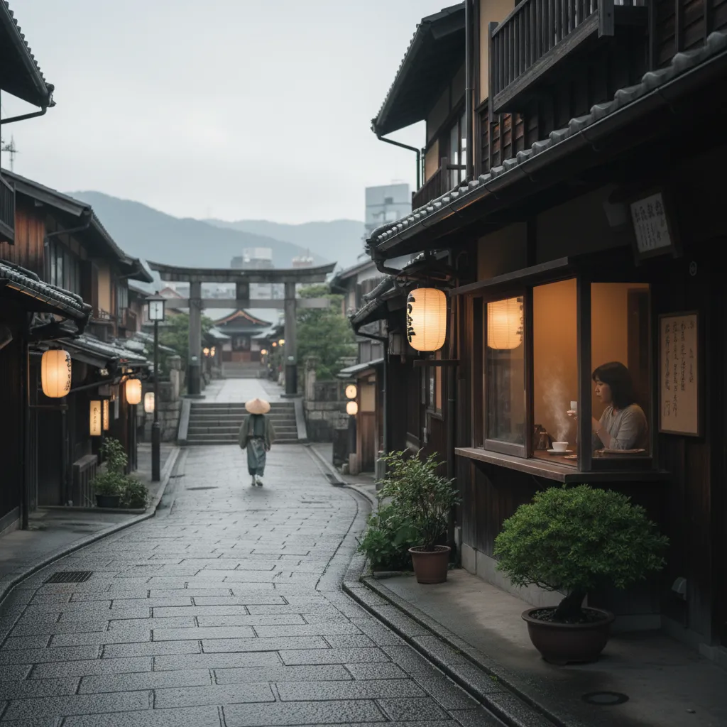 Ruelle calme de Tokyo au crépuscule, lanternes allumées et torii en perspective