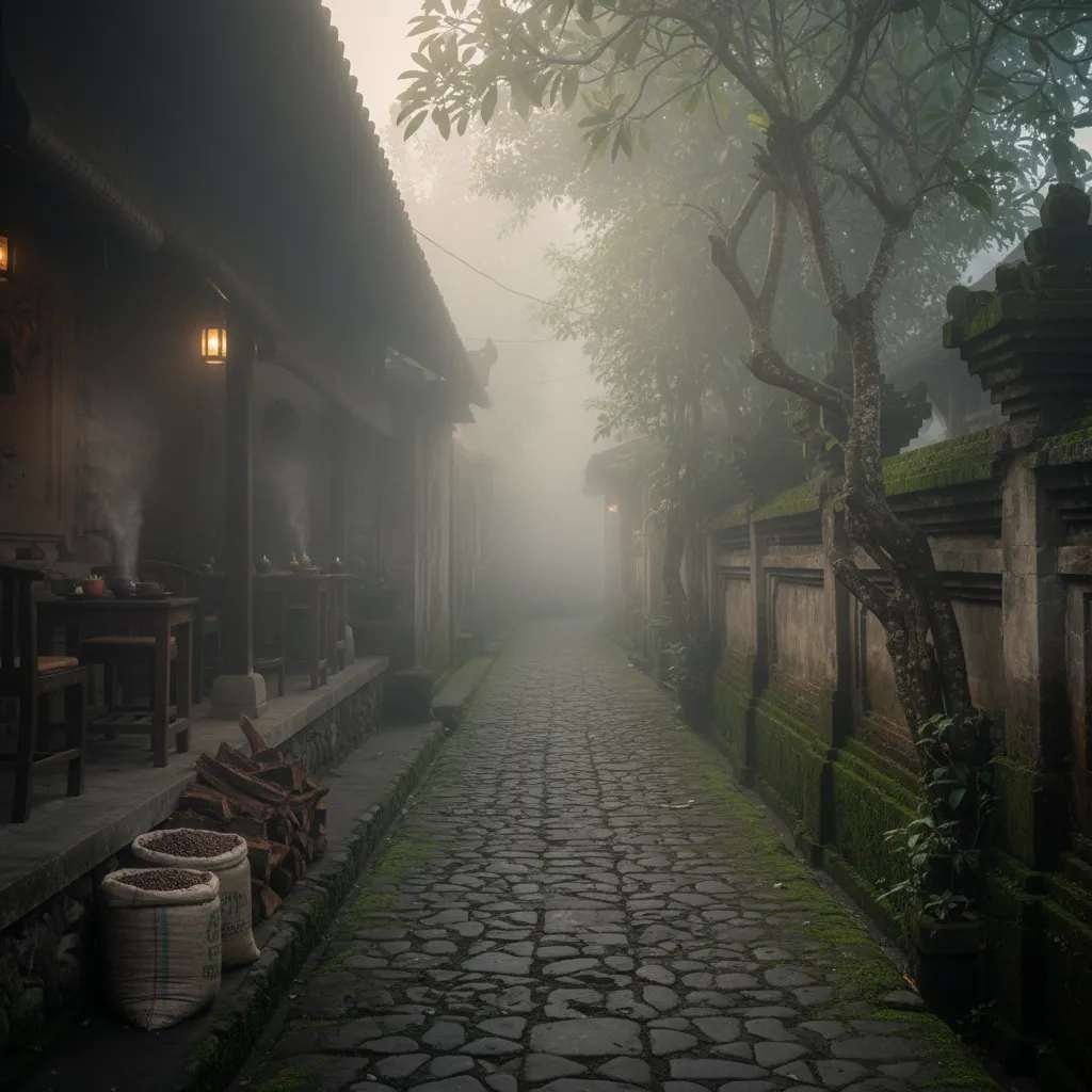 Allée pavée d'Ubud dans la brume, murs de temple moussus et terrasse d'un café