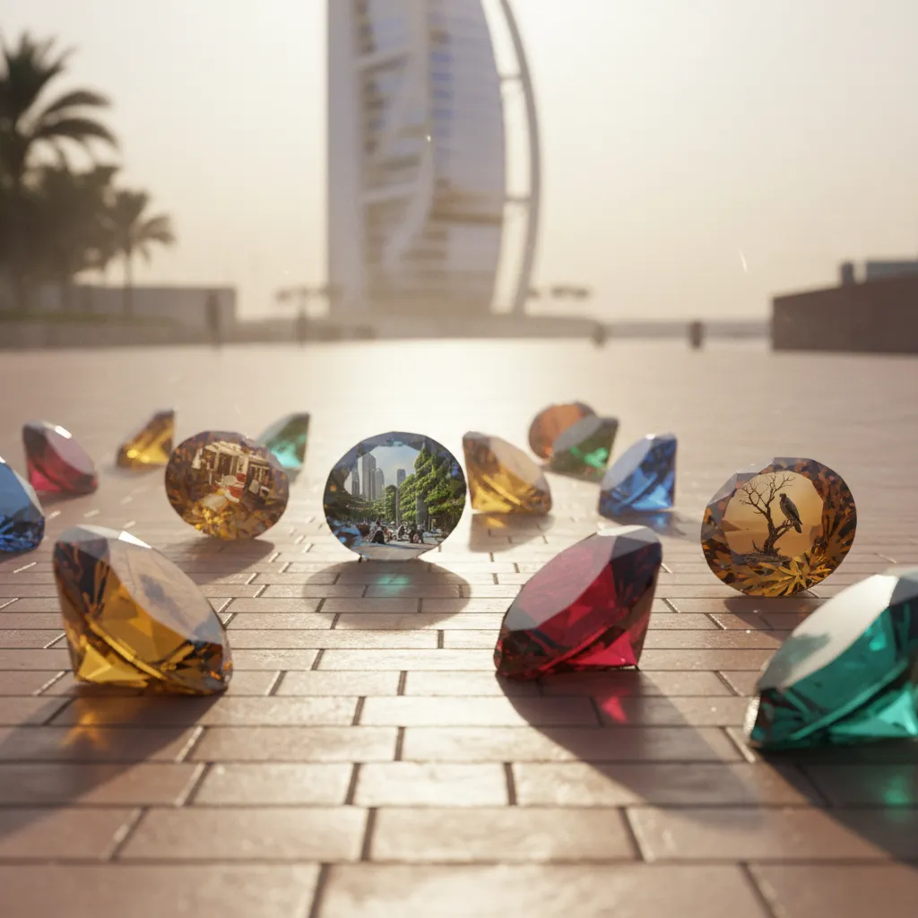 Gemmes colorées posées sur une esplanade de Dubaï, voile du Burj Al Arab en arrière-plan