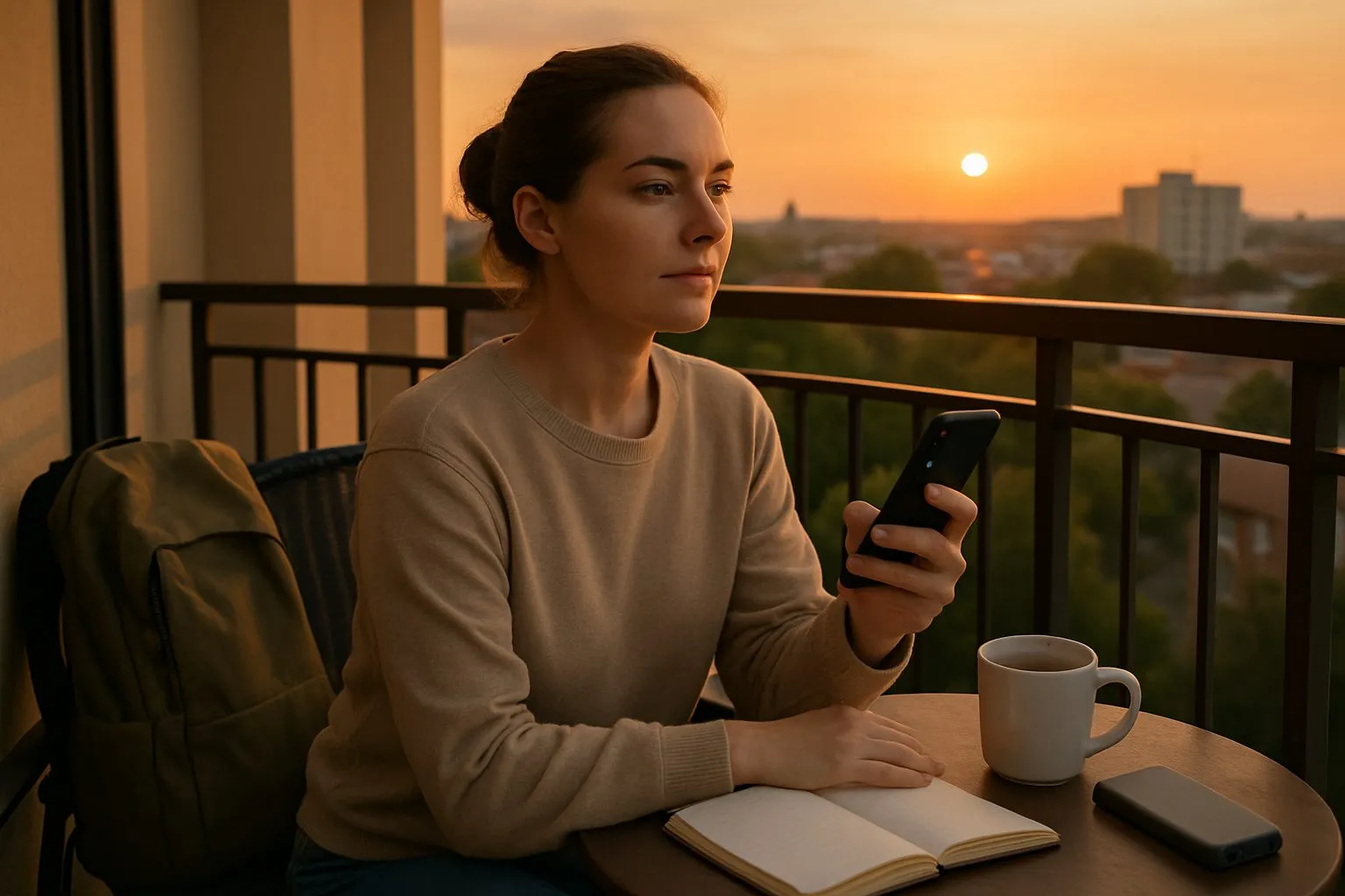 Voyageuse en retrait sur un balcon au coucher du soleil, téléphone en main et carnet ouvert