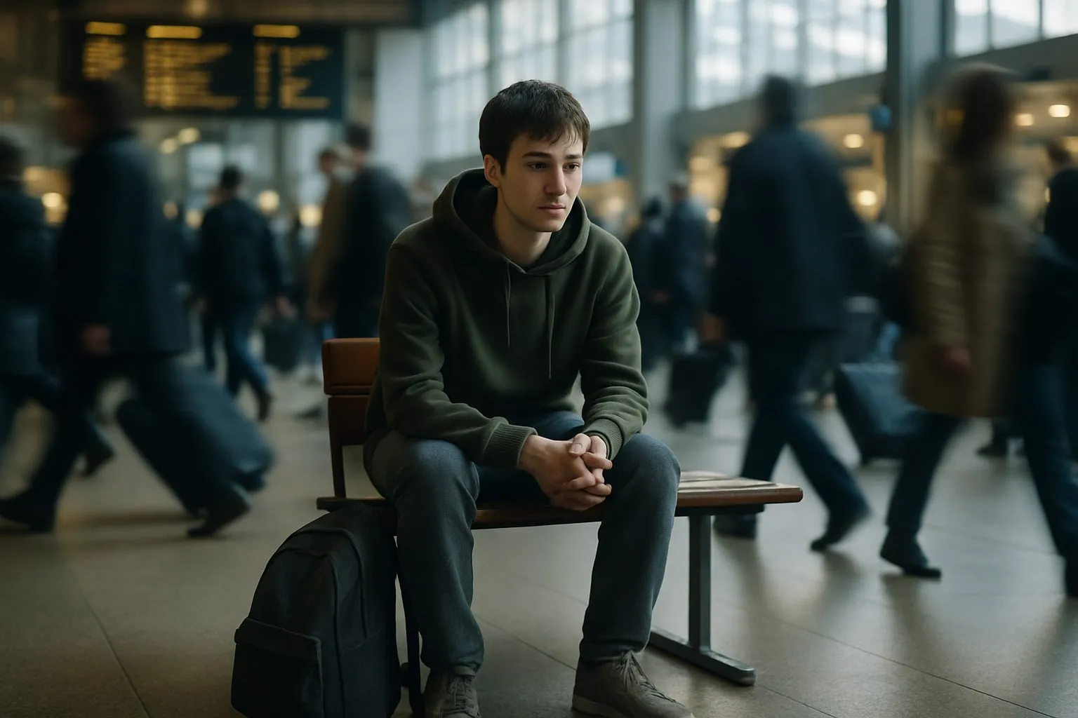 Jeune homme assis sur un banc de gare, mains jointes, voyageurs pressés en arrière-plan flou