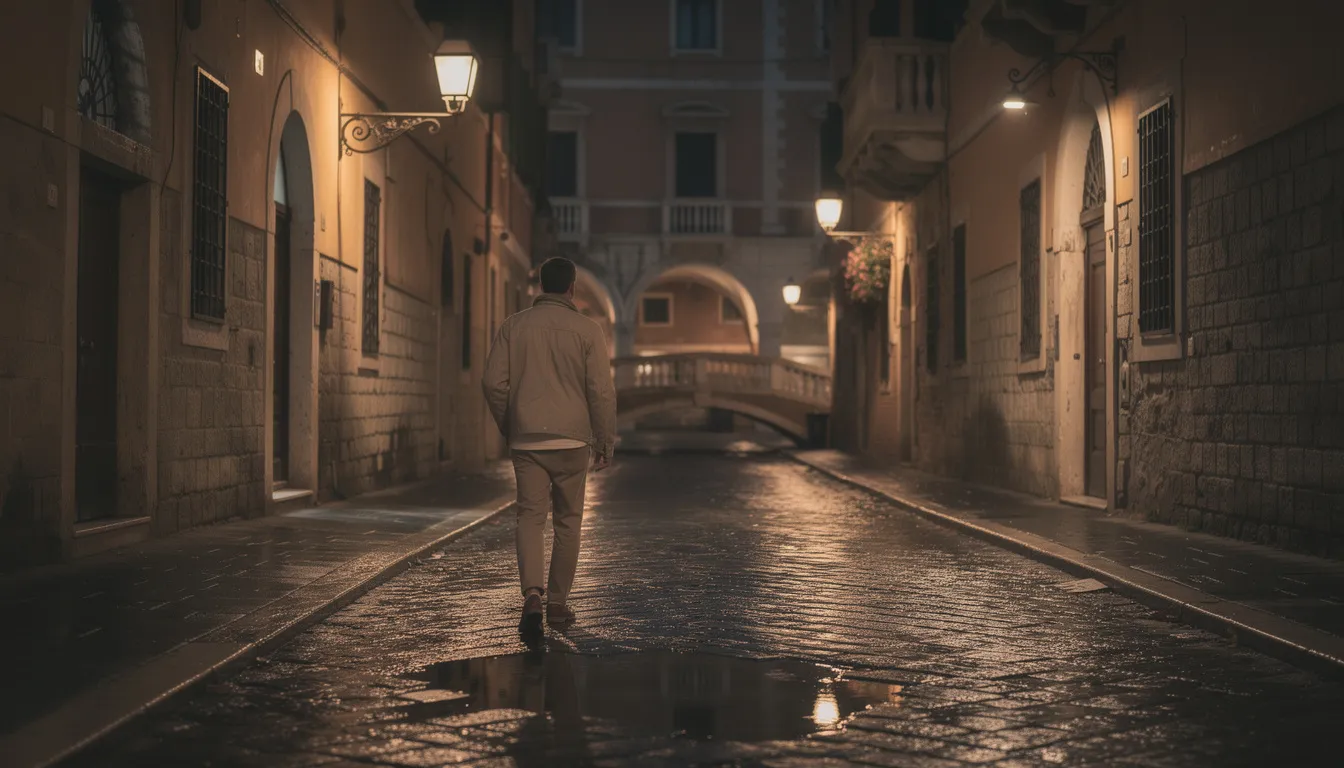 Homme marchant de nuit dans une ruelle pavée déserte, petit pont et lampadaires en fond