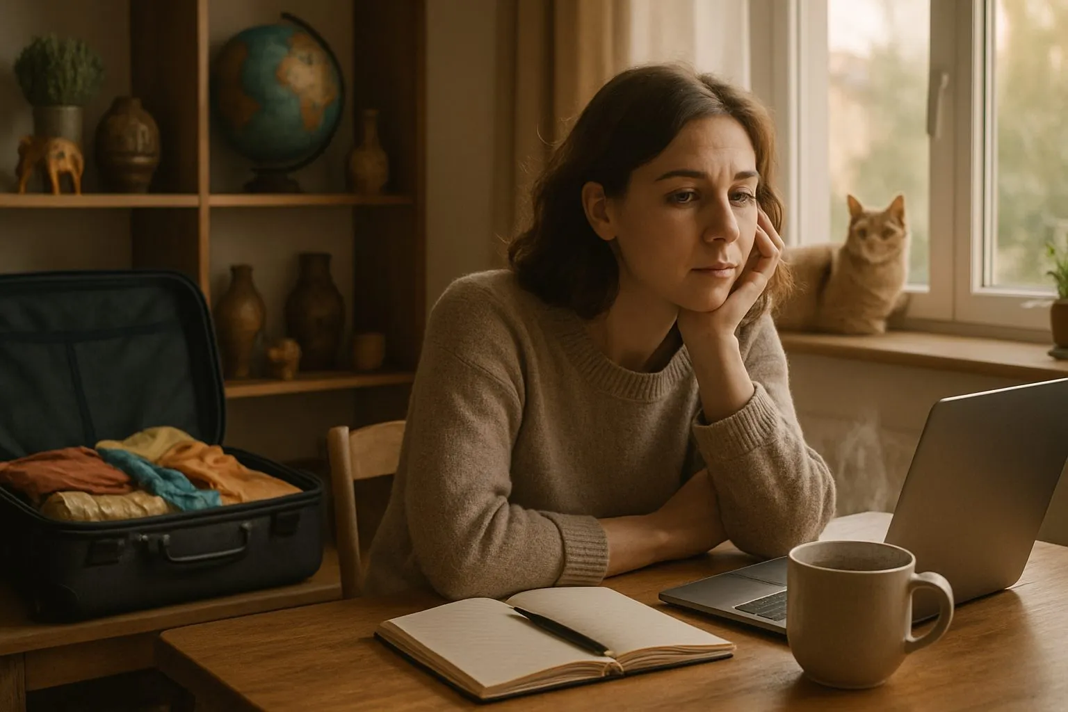 Femme pensive à son bureau devant un carnet, valise ouverte et souvenirs de voyage autour d'elle
