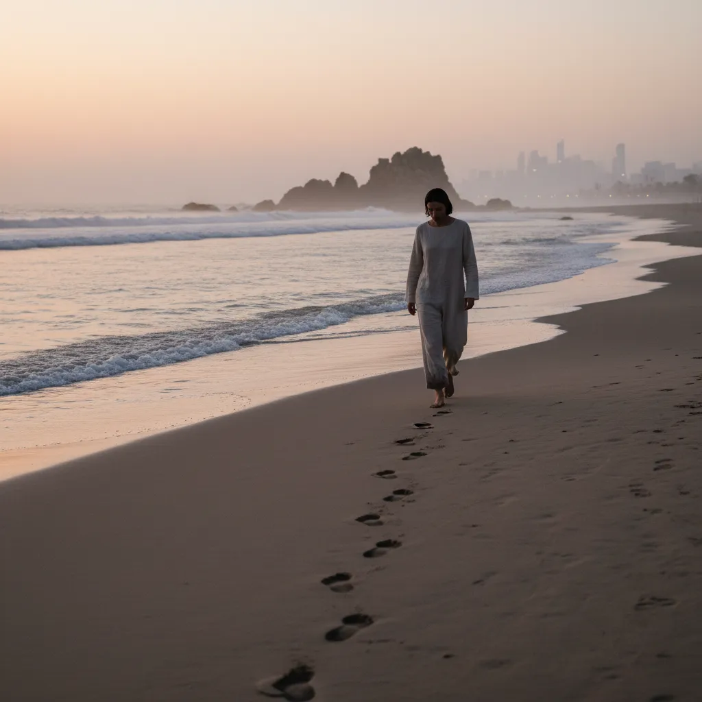 Femme marchant pieds nus sur une plage du Cap au crépuscule, rochers et ville dans la brume