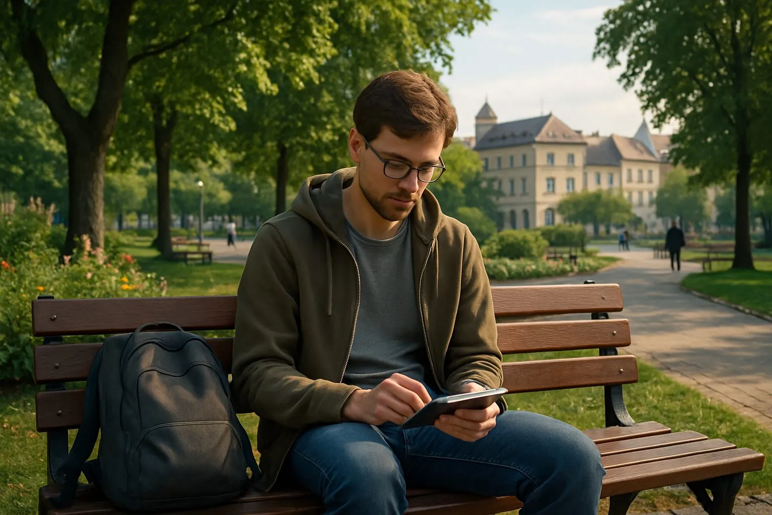 Homme assis seul sur un banc de parc, tablette en main, sous les arbres