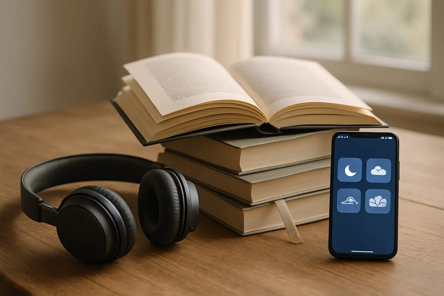 Casque audio, pile de livres et téléphone posés sur une table en bois près d'une fenêtre